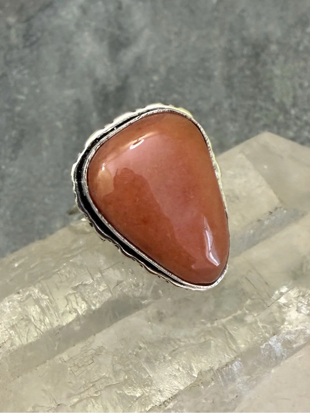 Genuine Peach Moonstone Teardrop Silver Ring